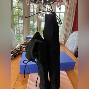 Stuart Weitzman Black Thigh high Suede Boots, low heel, tie back, 7.5